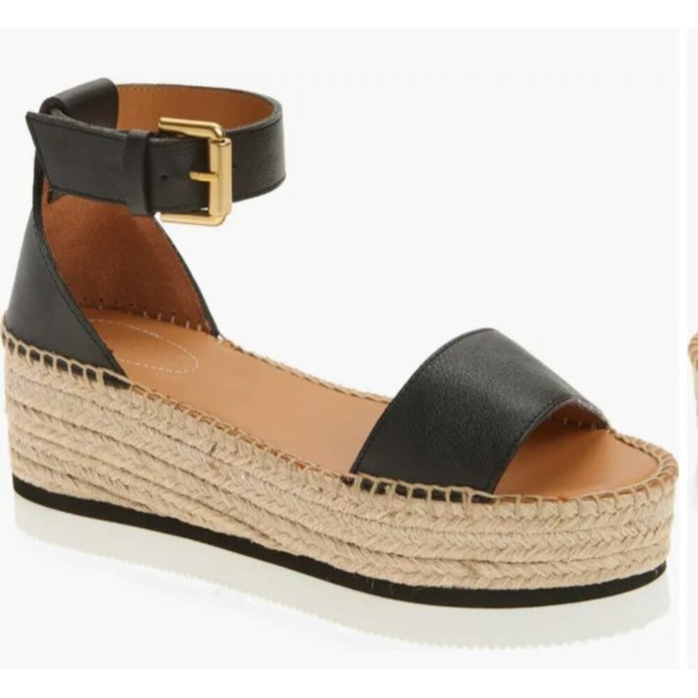 See by Chloe Glyn Platform Espadrille Sandals Black Leather Size 39/ US 9